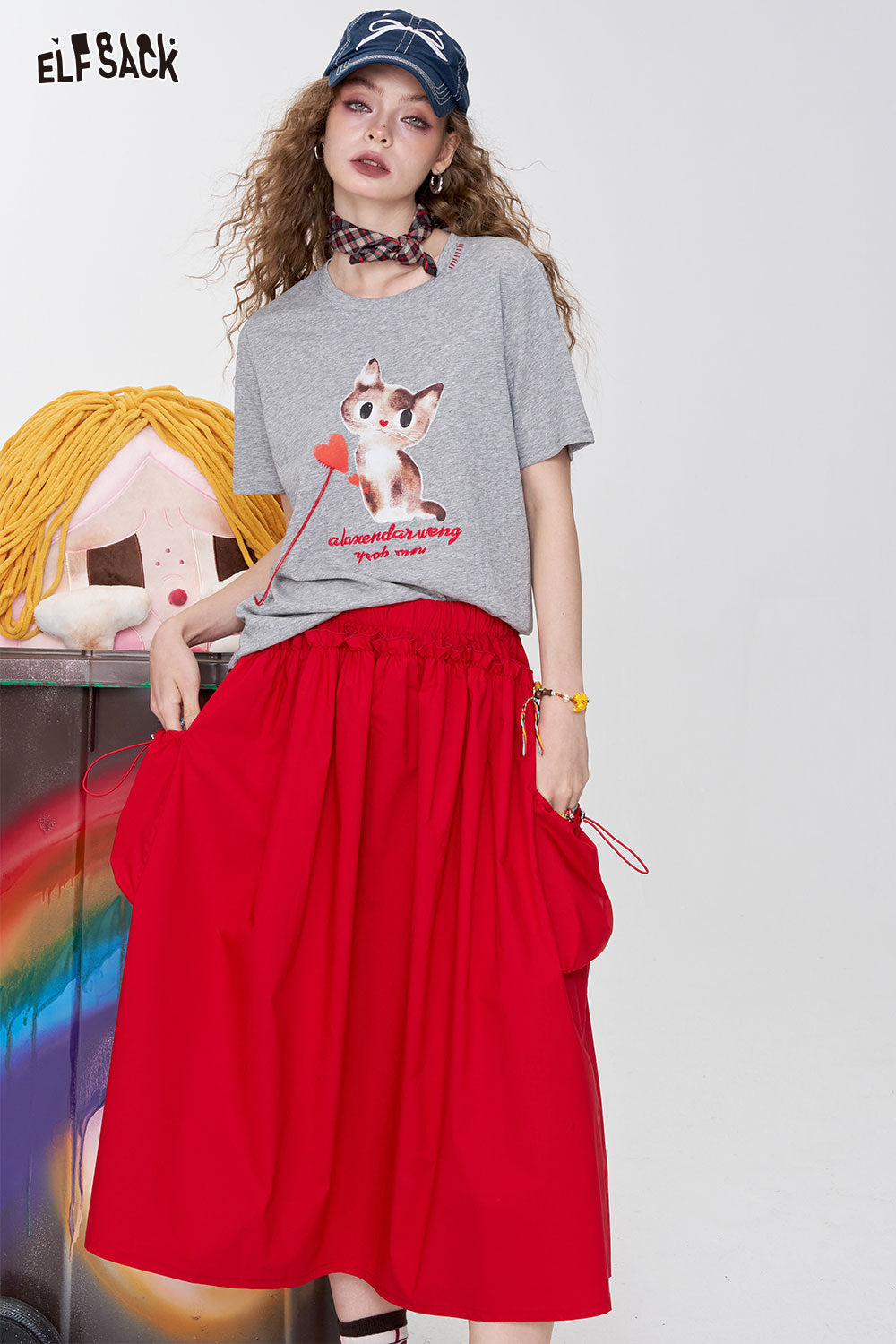 ELFSACK Colourful Polka Dot High Waist Half Long Skirt