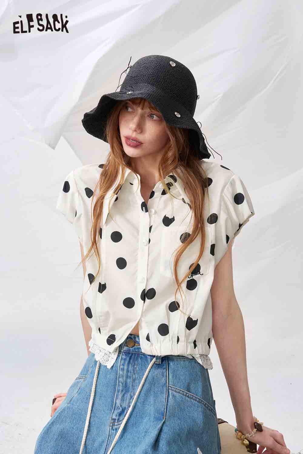 ELFSACK Polka Dot Cap Sleeve Crop Shirt