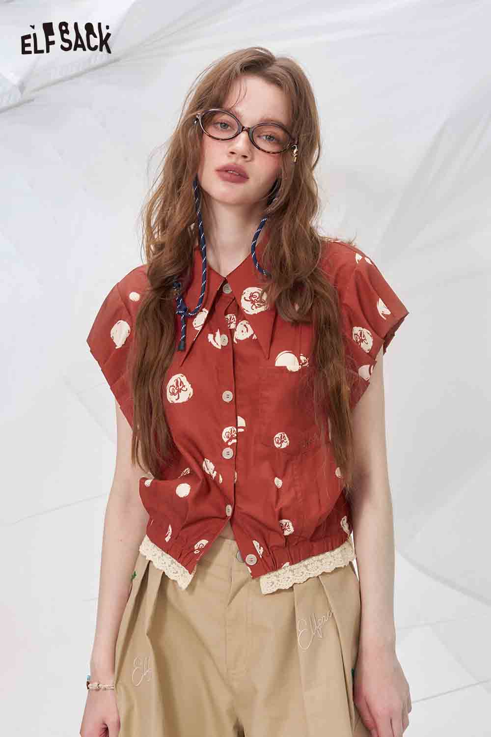 ELFSACK Polka Dot Cap Sleeve Crop Shirt