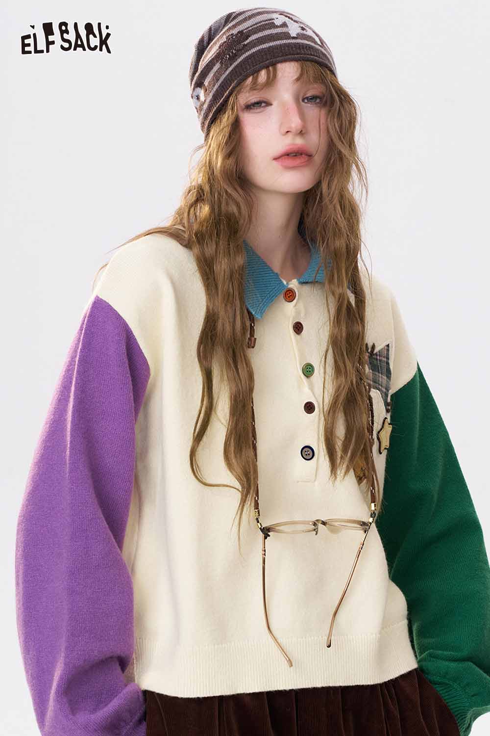ELFSACK Cute Graphic Color Block Polo Neck Sweater
