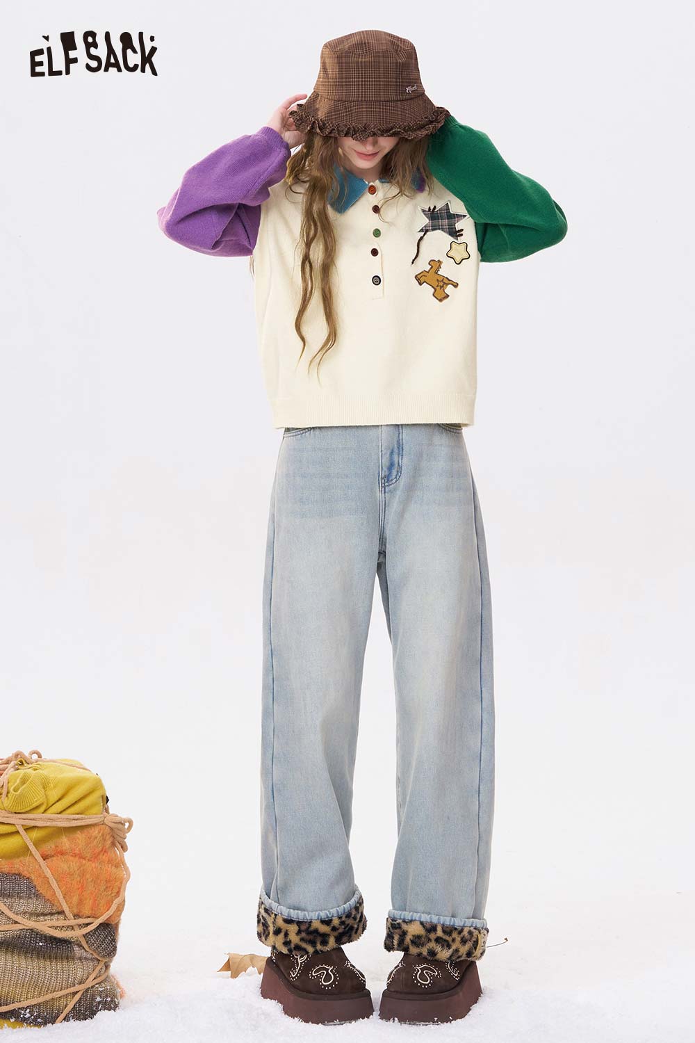 ELFSACK Cute Graphic Color Block Polo Neck Sweater