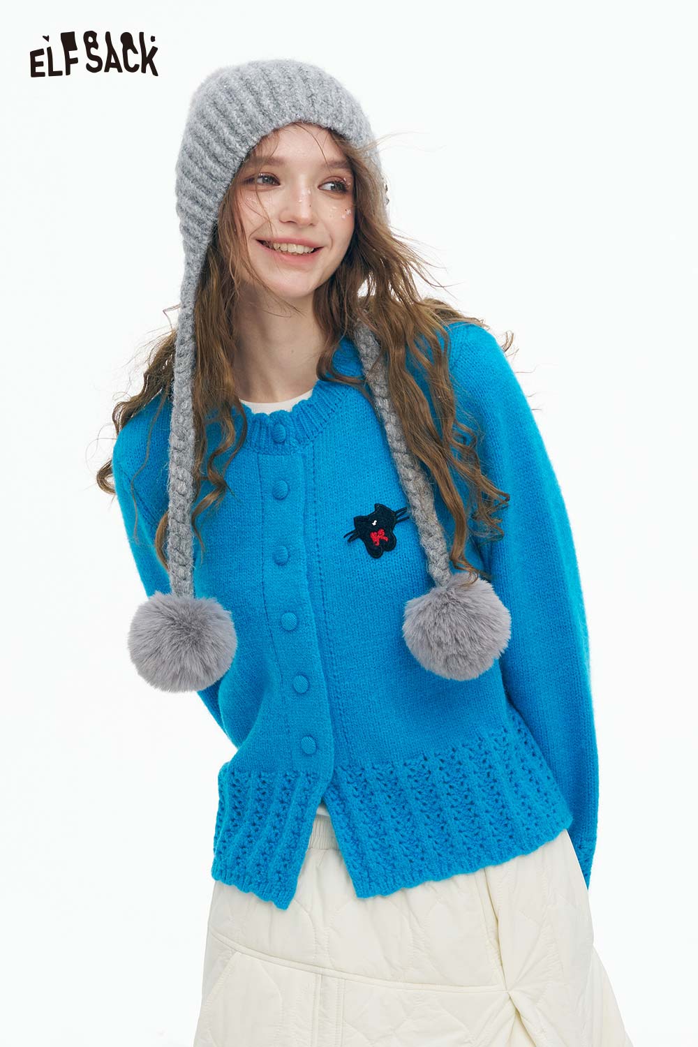 ELFSACK Soft Cute Solid Knit Lace Letter Embroidery Single Breasted Sweater