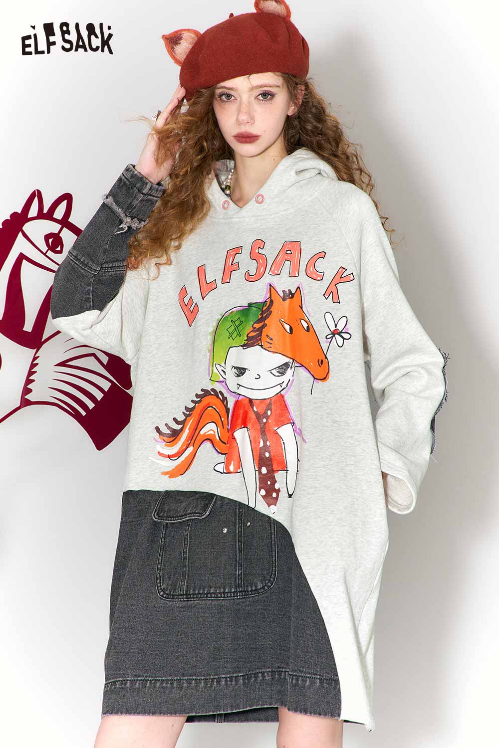 ELFSACK Casual Loose Cotton Denim Patchwork Doodle Print Hoodie Dress