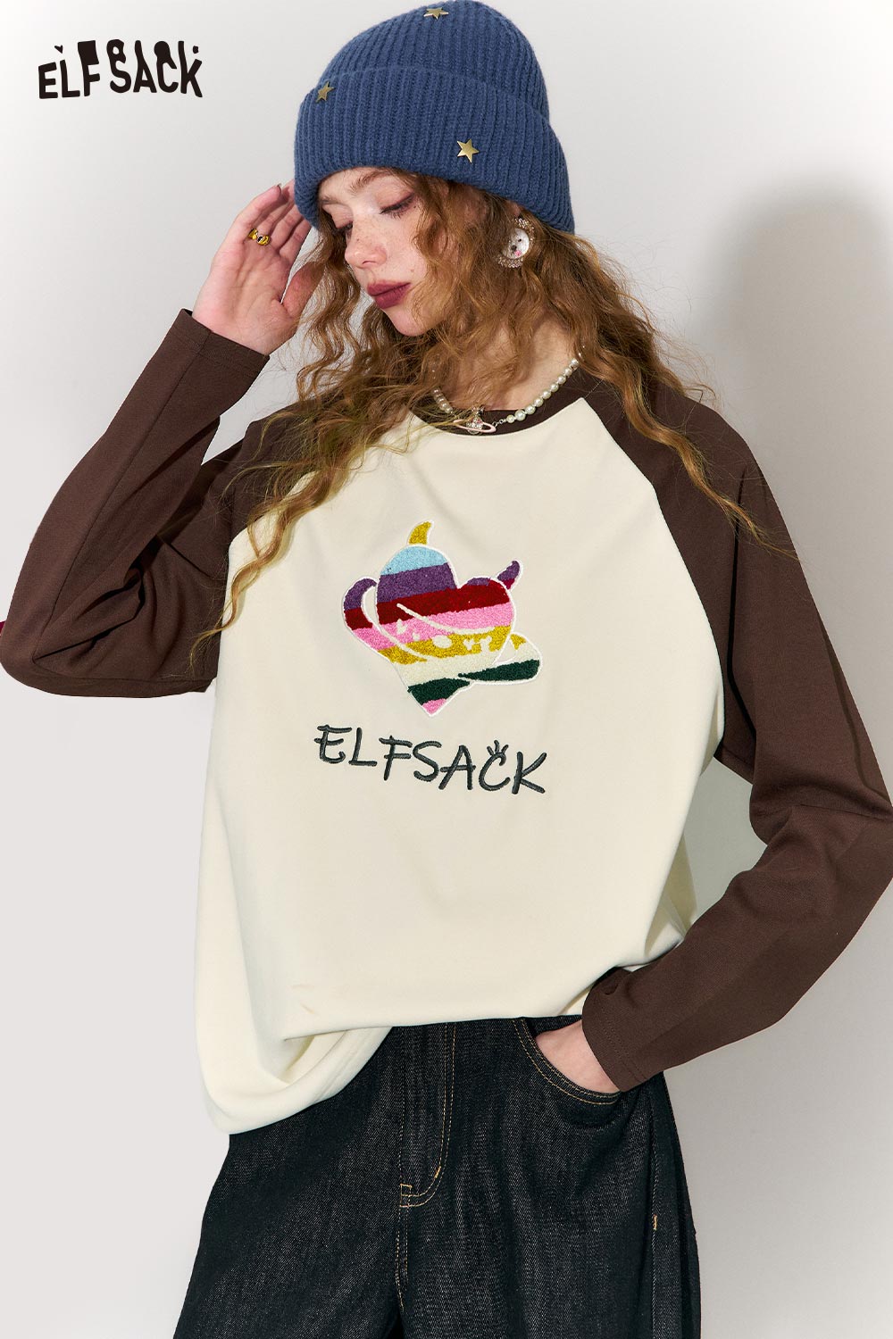 ELFSACK Casual Loose Devil Heart Letter Embroidery Tshirt