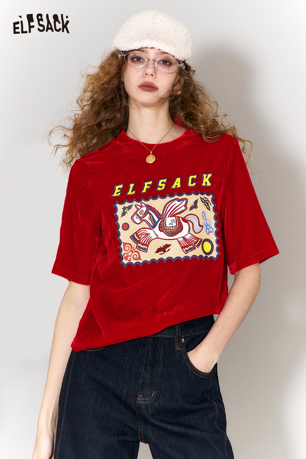 ELFSACK Whimsical Flying Horse Cloud Pattern Print Short Sleeve T-Shirt