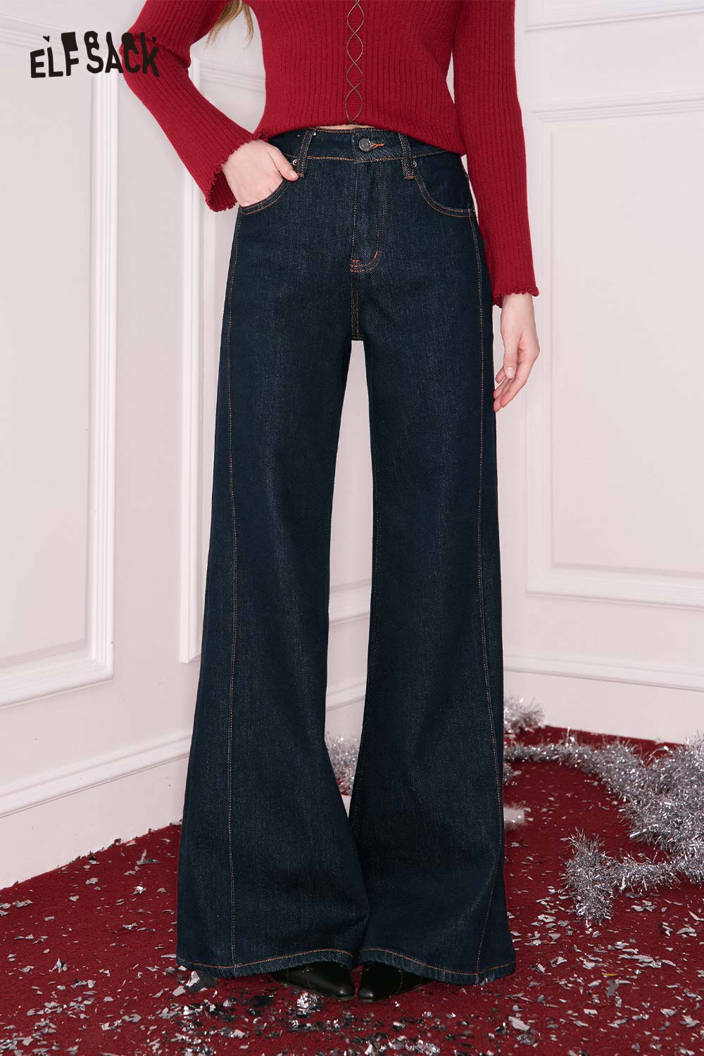 ELFSACK Minimalist Casual Classic Solid Flare Leg High Waist Jeans