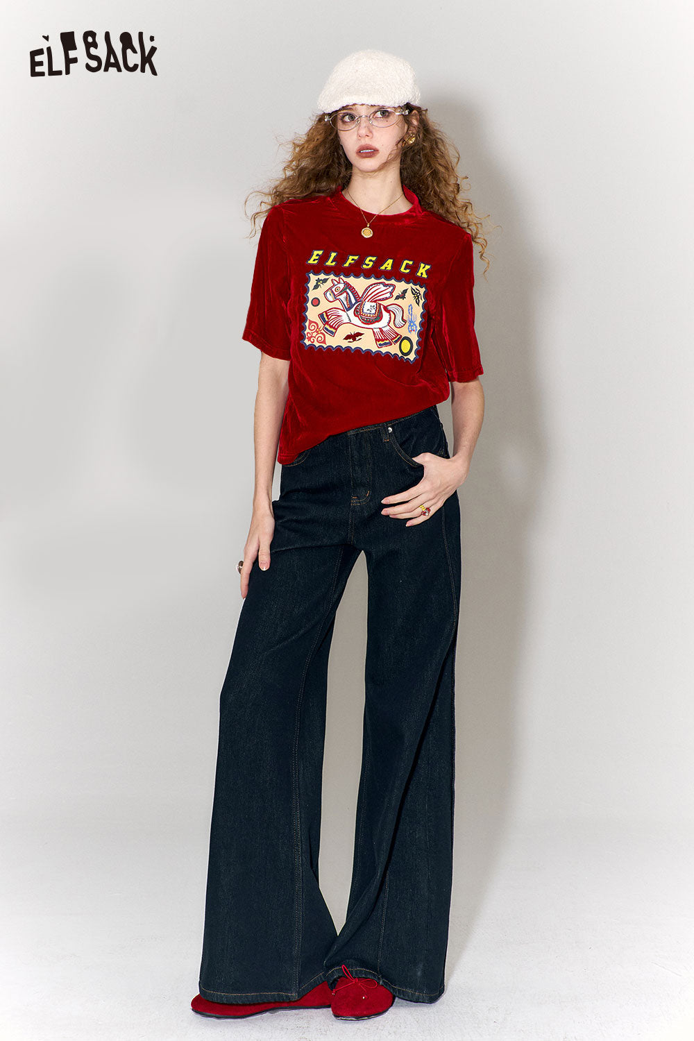 ELFSACK Minimalist Casual Classic Solid Flare Leg High Waist Jeans