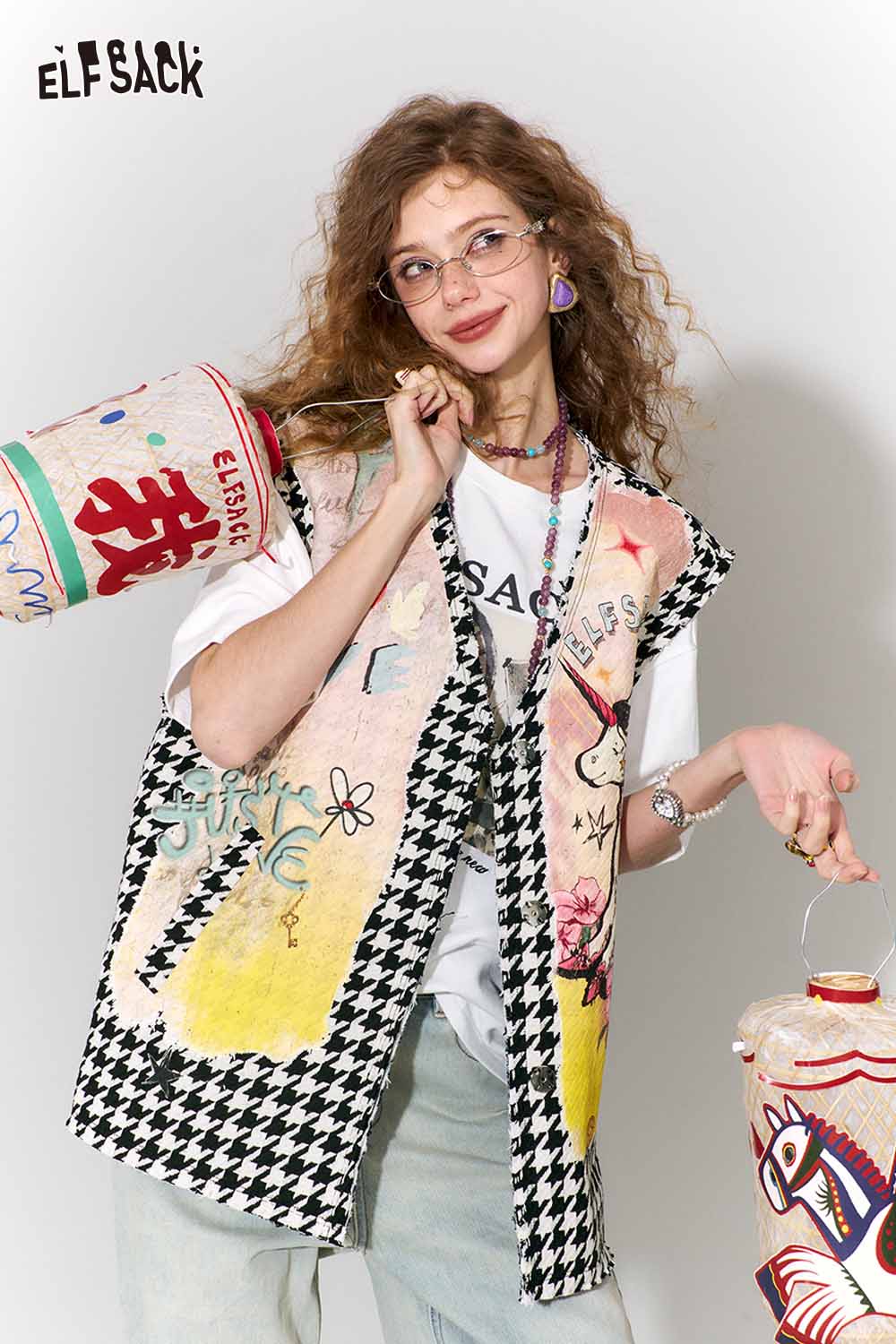 ELFSACK Versatile Houndstooth Graffiti Graphic Loose Sleeveless Vest