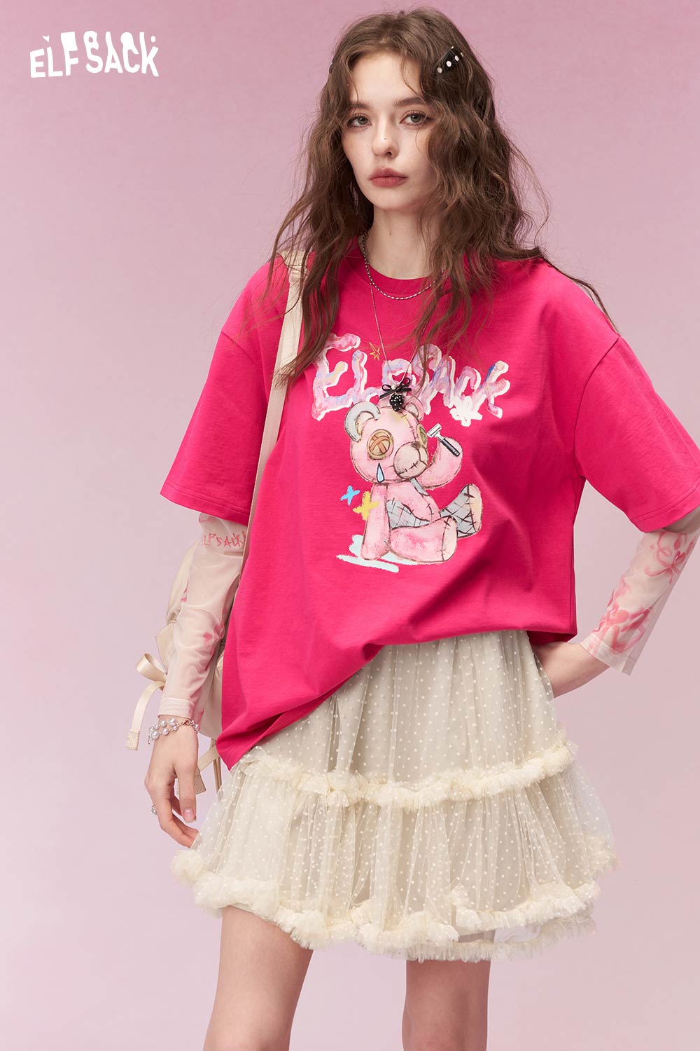 ELFSACK Sweet Polka Dot Mesh Tiered Ruffle Cake Skirt