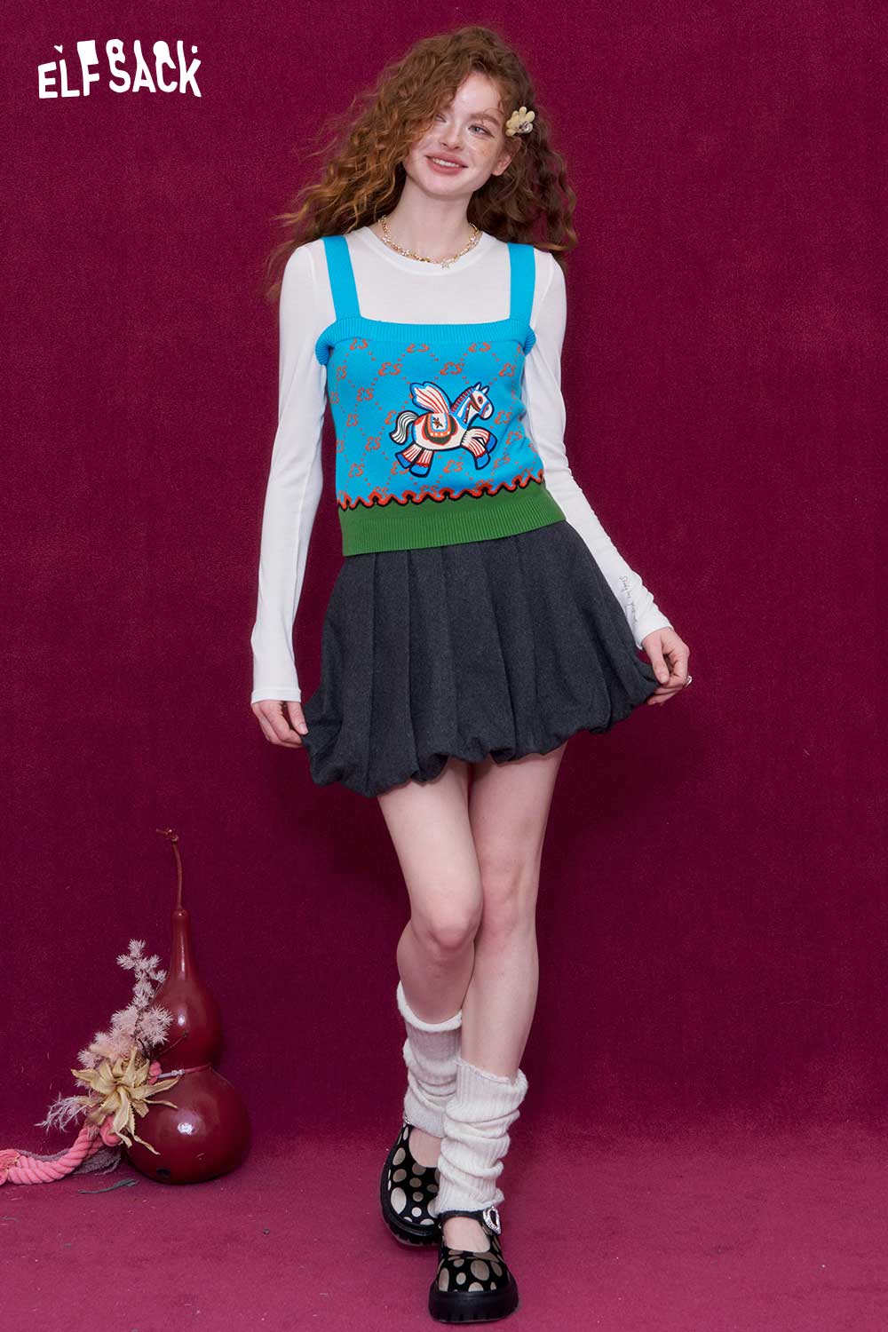 ELFSACK Preppy Pony Velvet Patchwork Monogram Print Knit Tank Top