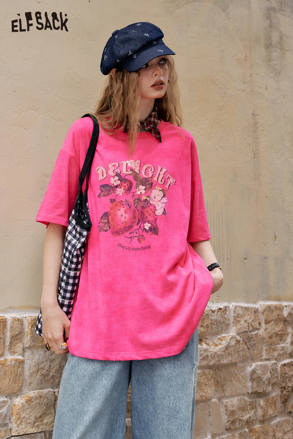 ELFSACK Retro Strawberry Print Casual Short Sleeve T-Shirt