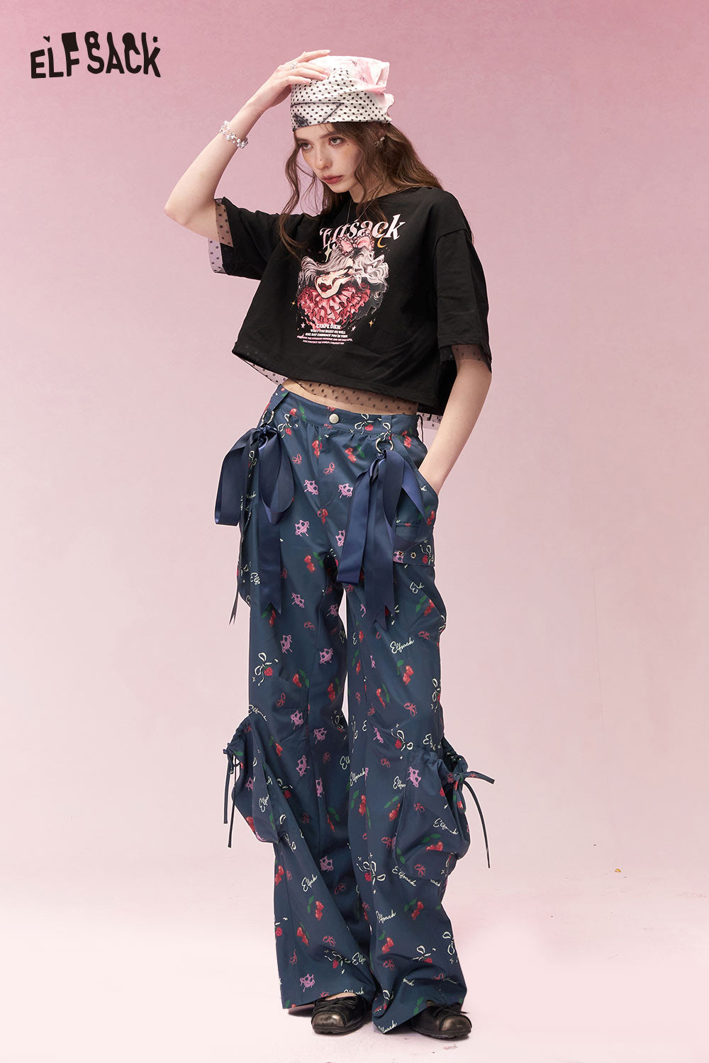 ELFSACK Elegant Sweet Ribbon Detail Cargo Wide Leg Pants