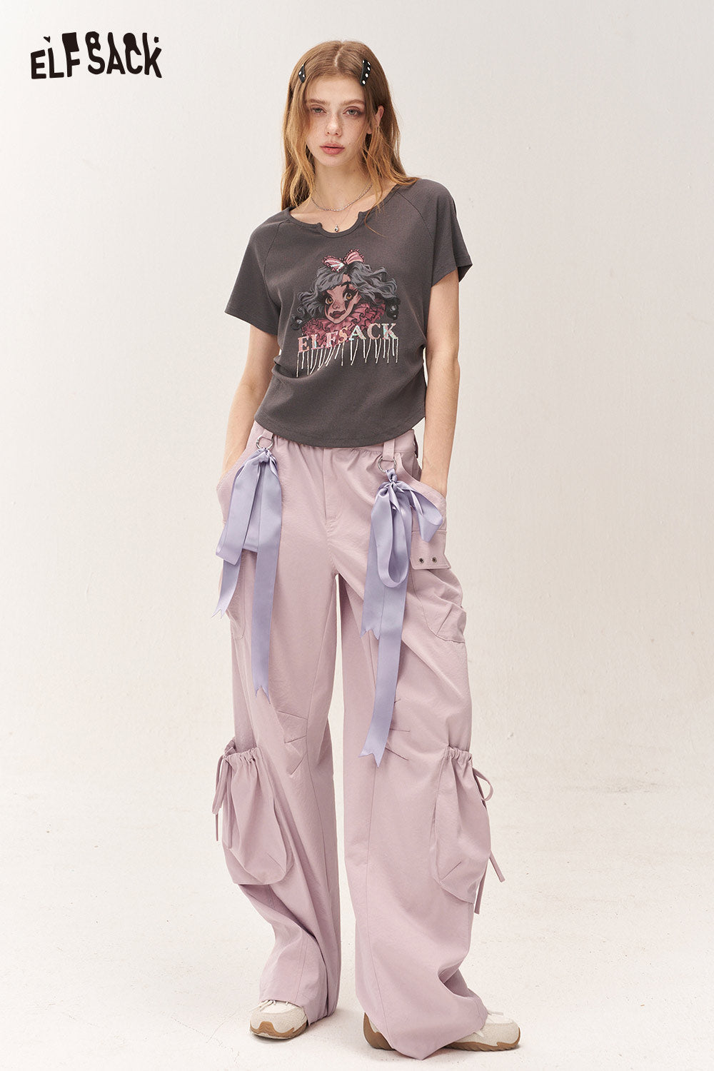 ELFSACK Elegant Sweet Ribbon Detail Cargo Wide Leg Pants