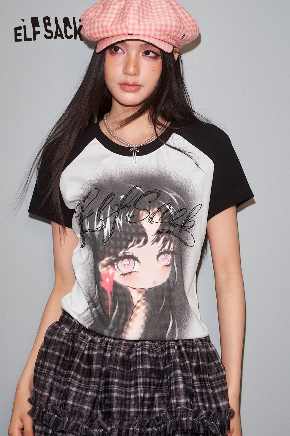 ELFSACK Shoulder Collision Color Printing Short Sleeved T Shirt