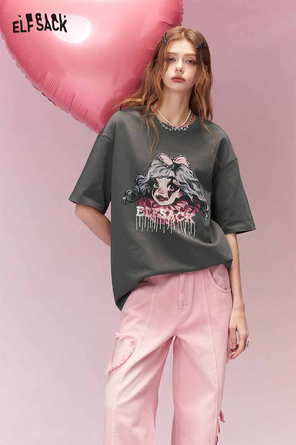 ELFSACK Streetwear Oversized TShirt with Graphic Print Tassel Chain