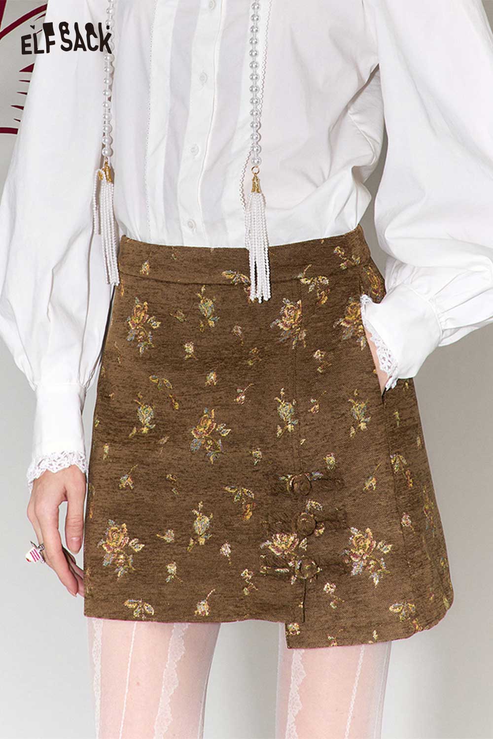 ELFSACK Vintage Floral Jacquard Frog Closure Asymmetrical Hem Skirt