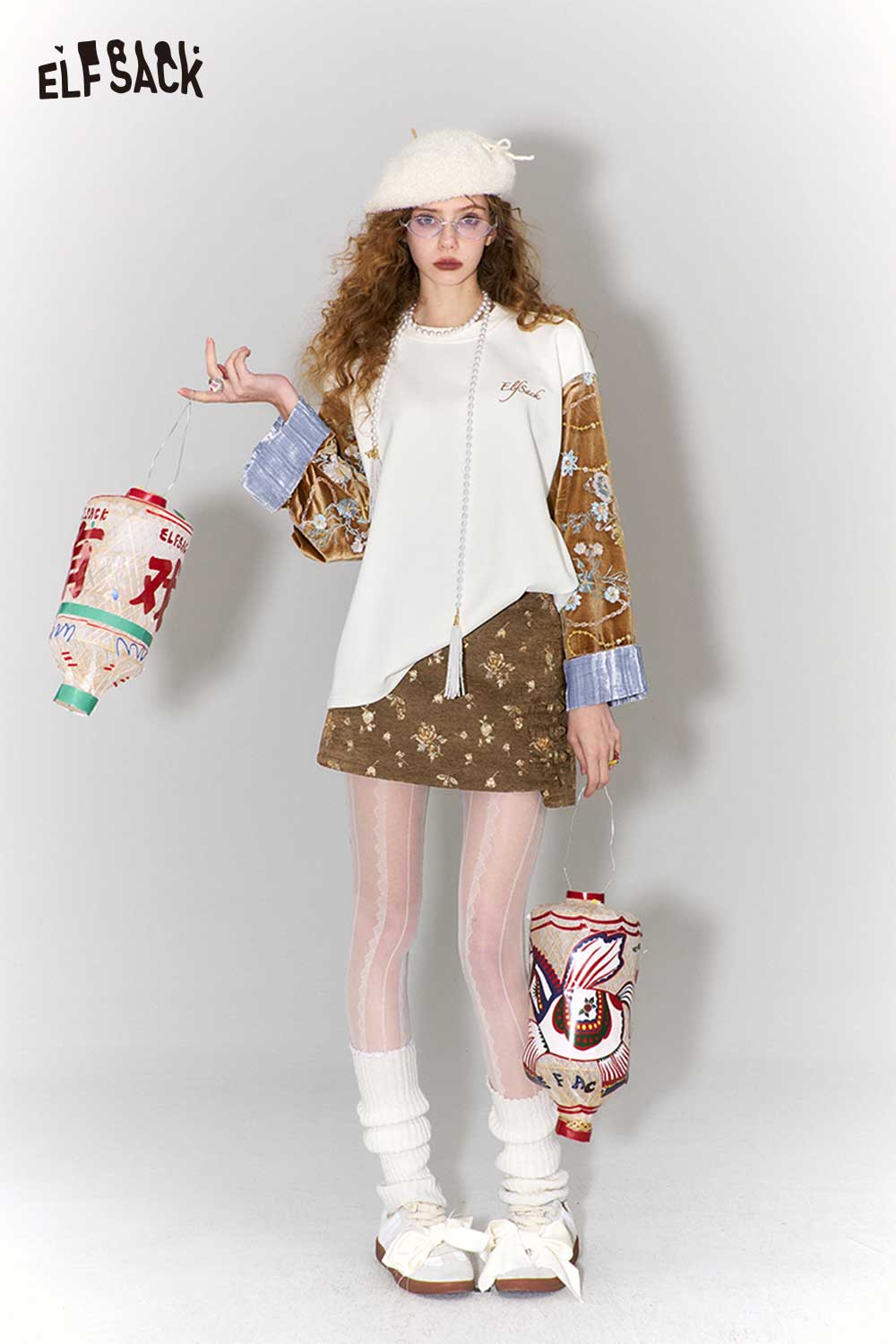 ELFSACK Vintage Floral Jacquard Frog Closure Asymmetrical Hem Skirt