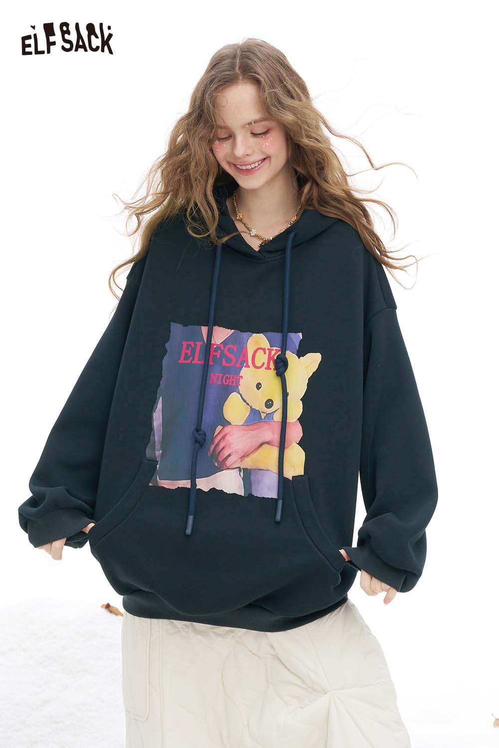 ELFSACK Soft Animal Graphic Letter Graphic Solid Hooded Drawstring Sweatshirt