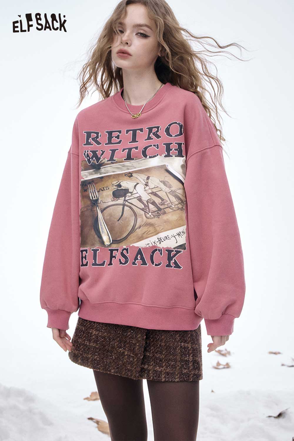 ELFSACK Soft Loose Solid Letter Graphic Round Neck Sweatshirt