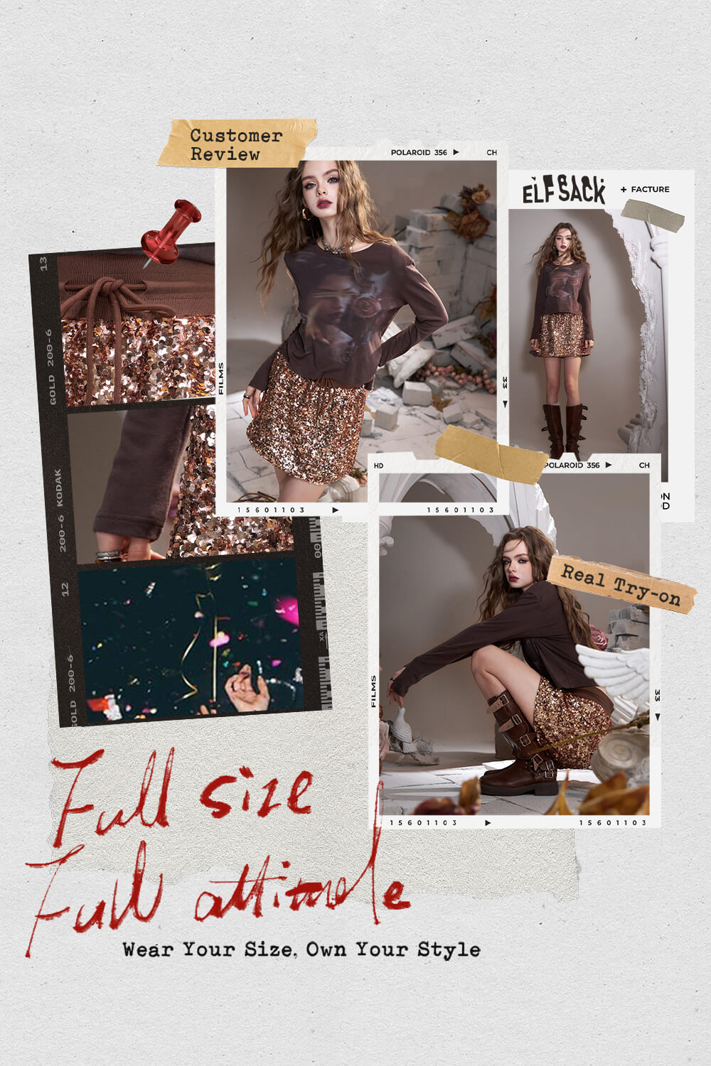 ELFSACK Pink-Brown Heavy Sequin Elastic Waist Skirt - Full Size