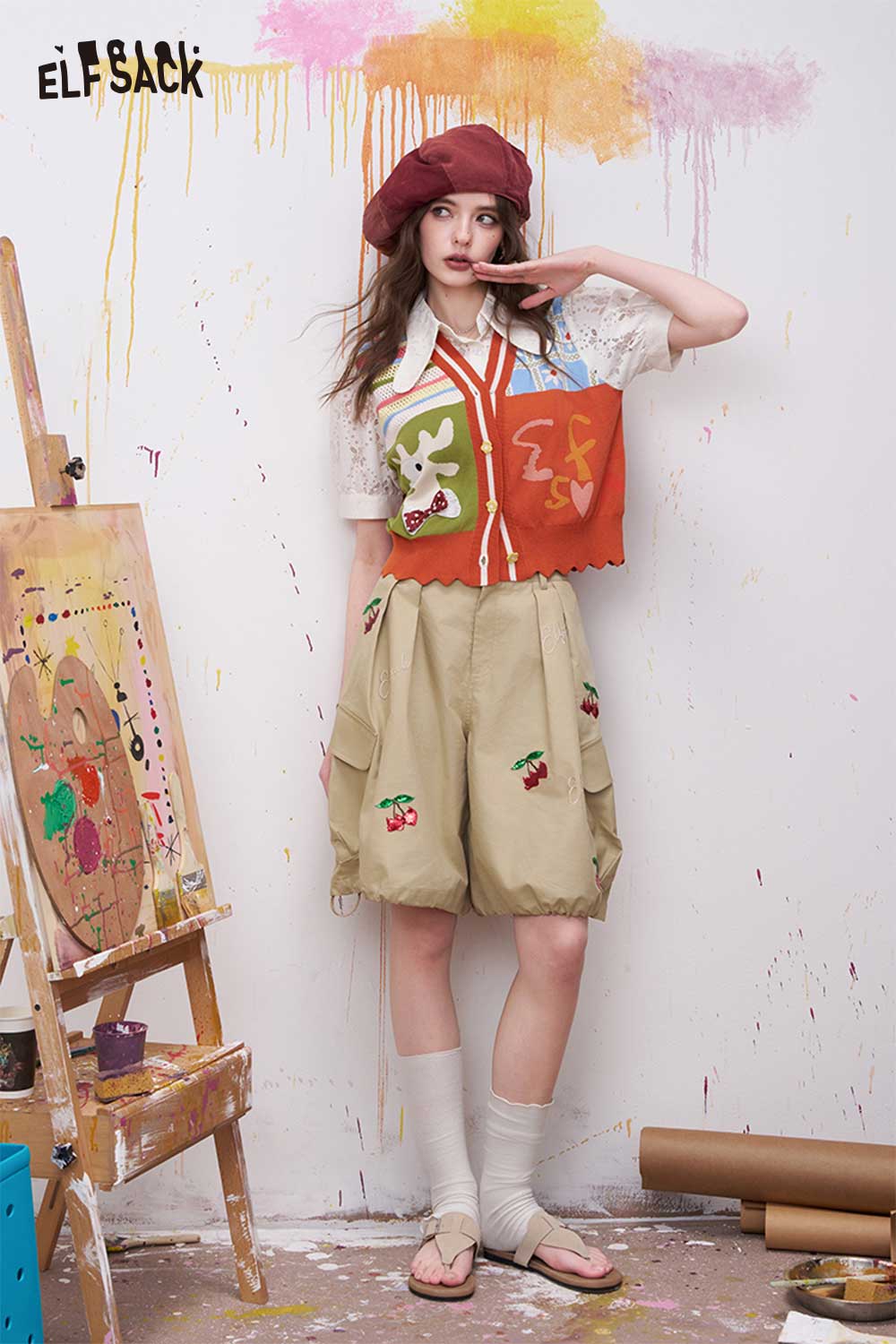 ELFSACK Embroidered Cherry Patch Sequin Bow Detail Jogger Pants