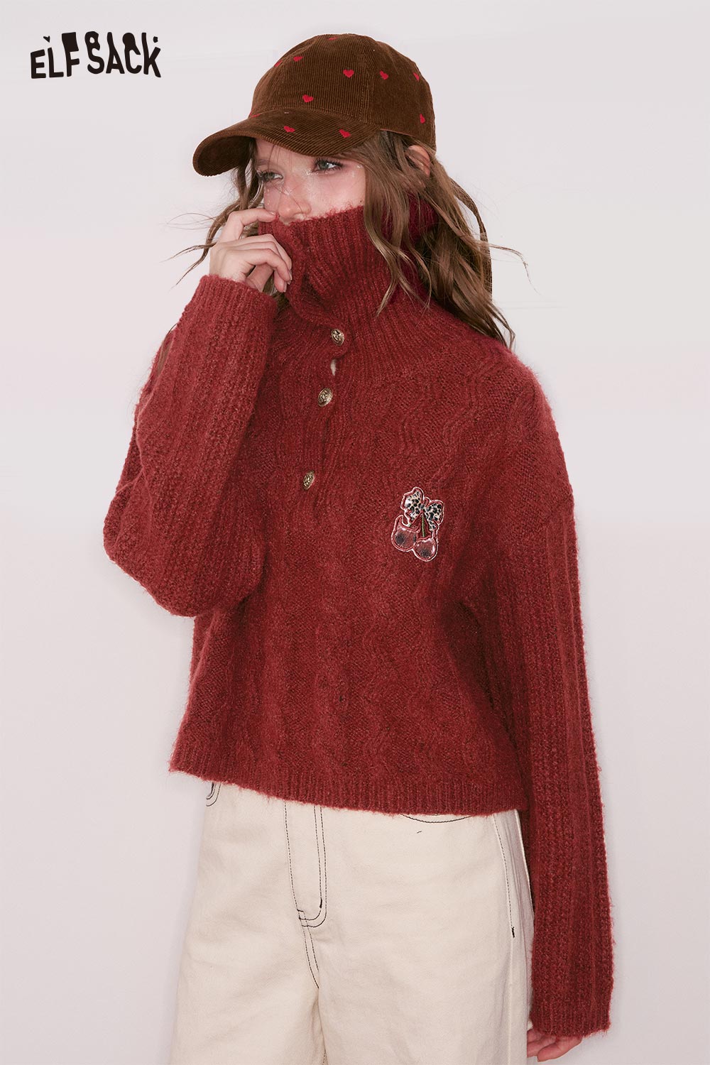 ELFSACK Single Breasted Gold Button Half High Neck Embroidered Cropped Sweater