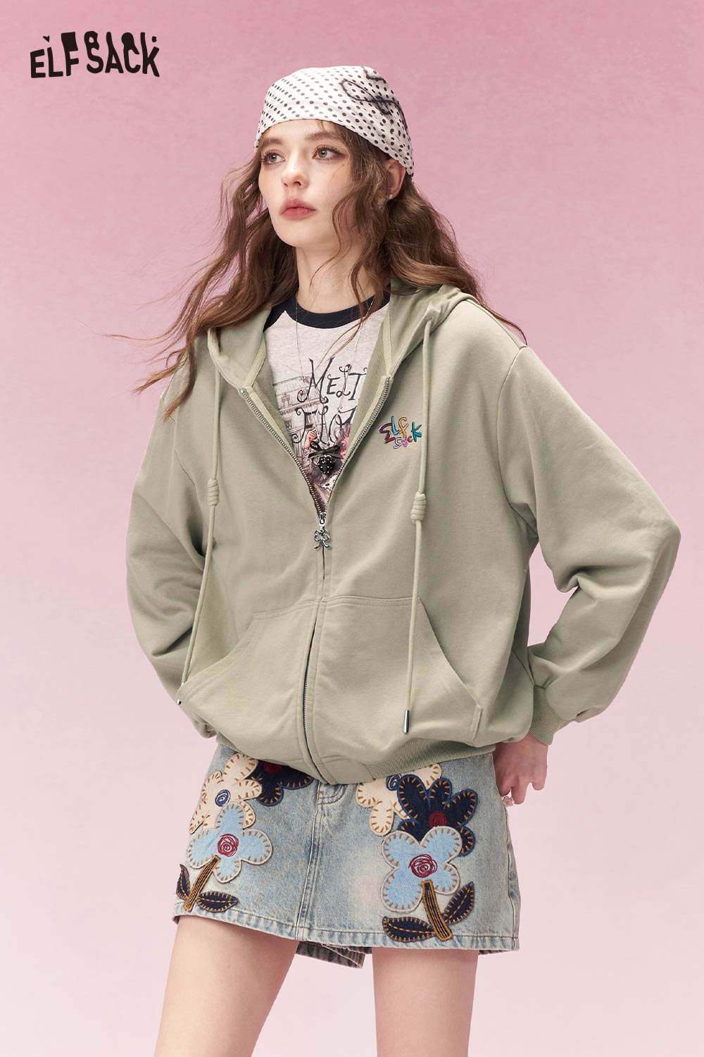 ELFSACK Sweet Casual Drawstring Hooded Short Jacket with Embroidered Detail