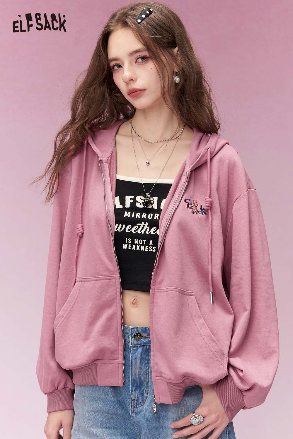 ELFSACK Sweet Casual Drawstring Hooded Short Jacket with Embroidered Detail