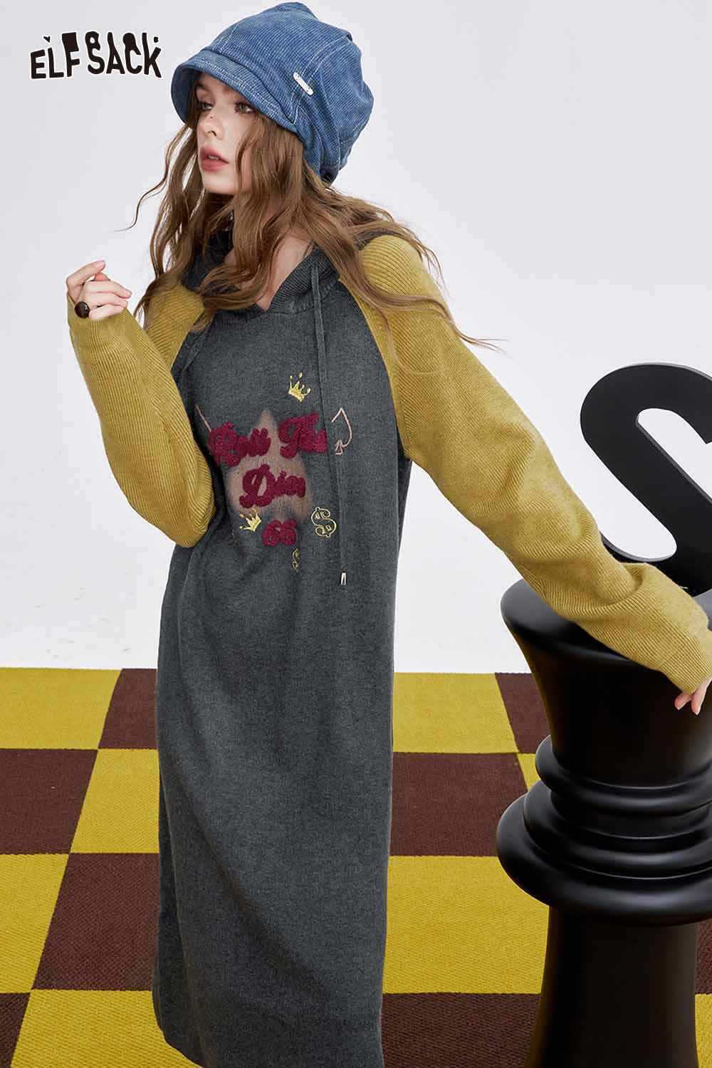 ELFSACK Soft Letter Embroidered Daily Long Dress