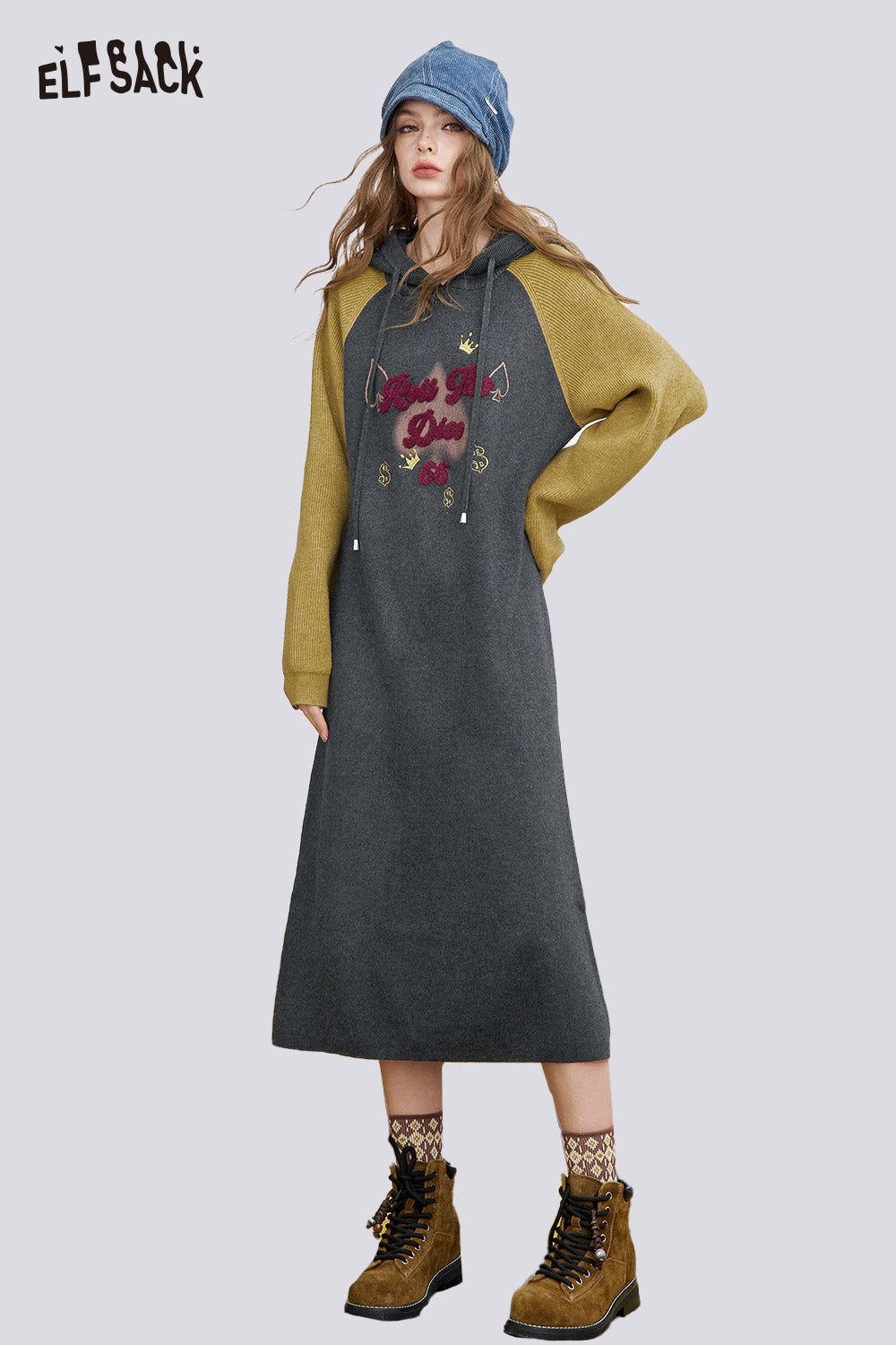 ELFSACK Soft Letter Embroidered Daily Long Dress
