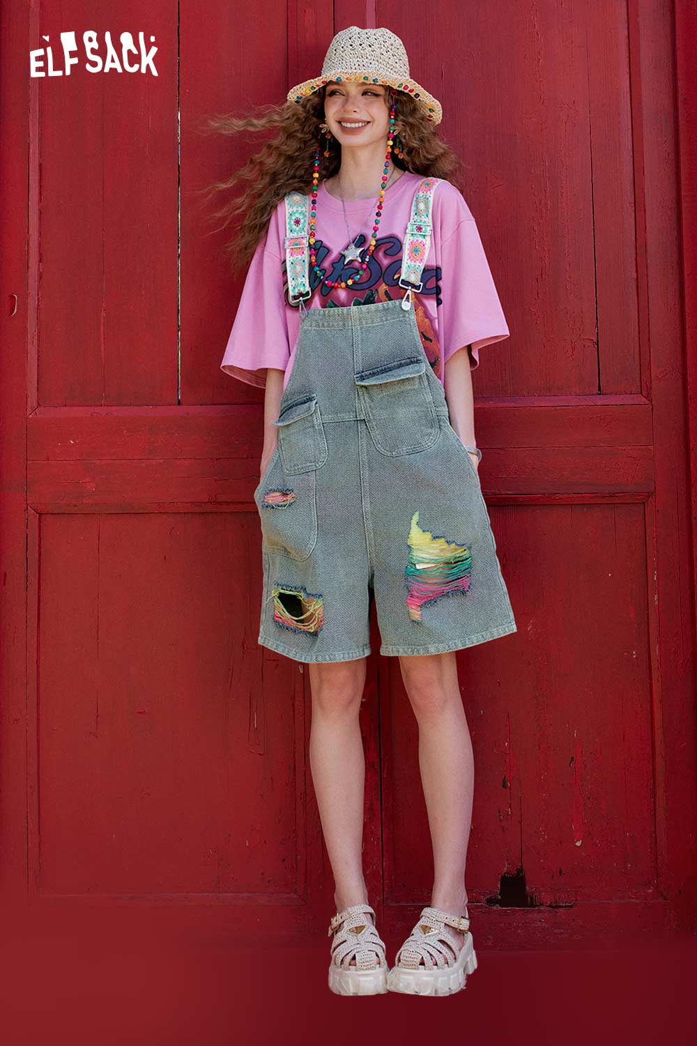 ELFSACK Embroidered Strap Ripped Overalls