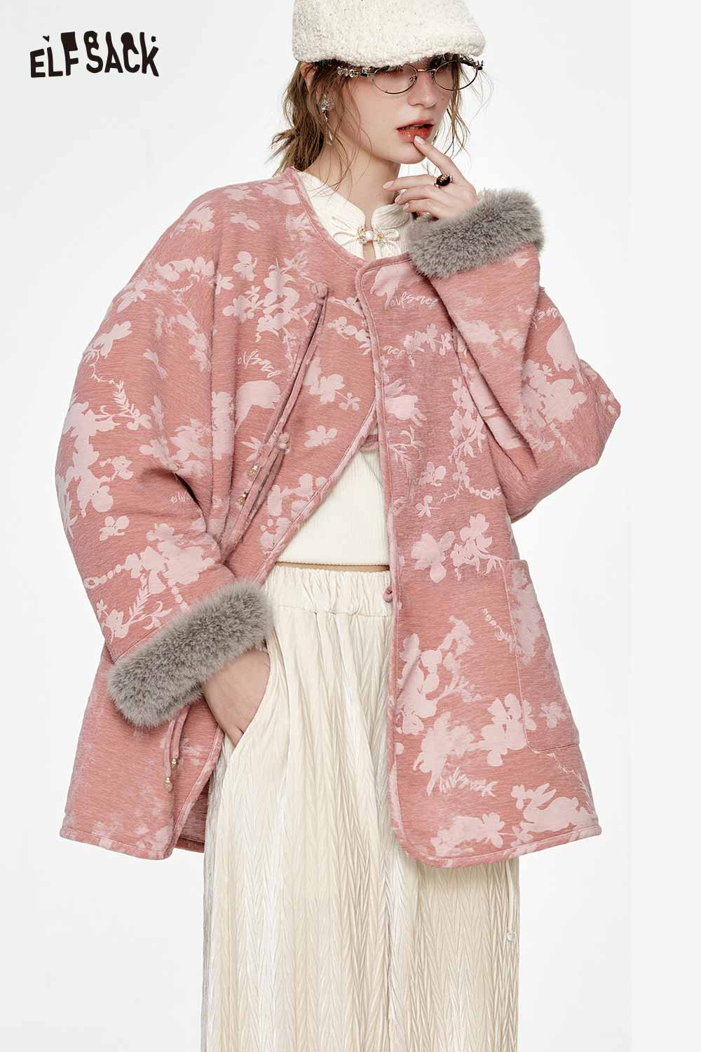 ELFSACK Elegant Design Ethnic Print Plush Trim Round Neck Coat
