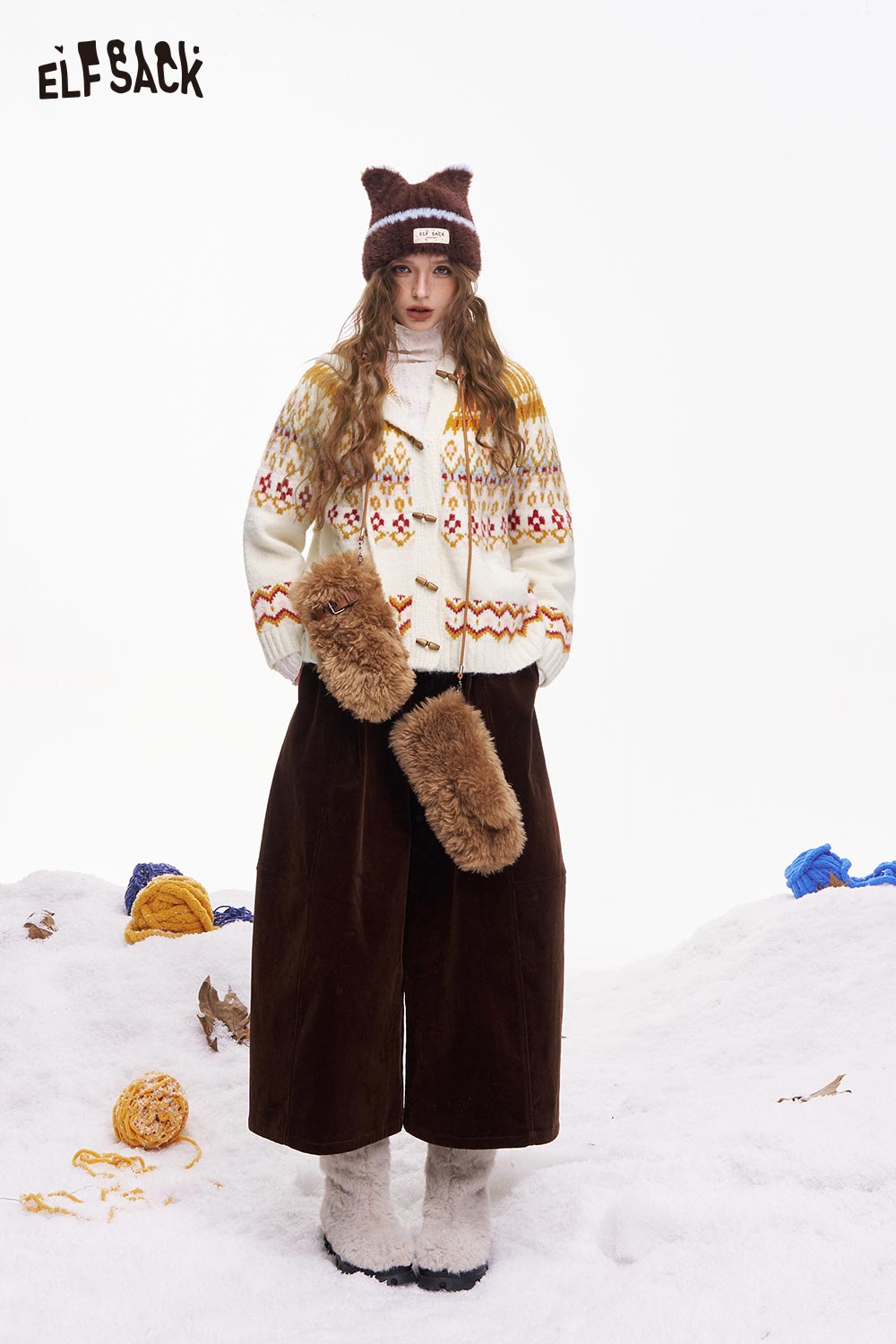ELFSACK Fair Isle Button Hooded Drawstring Cardigan