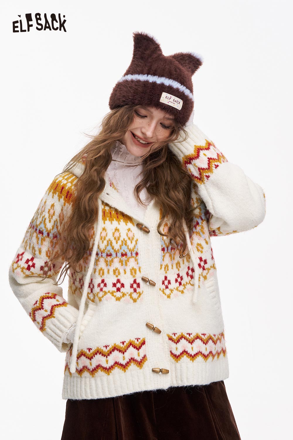 ELFSACK Fair Isle Button Hooded Drawstring Cardigan