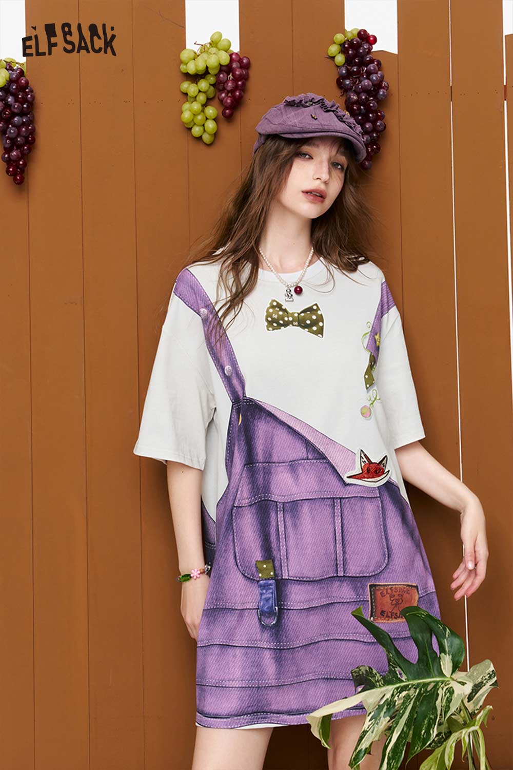 ELFSACK Fake Overalls Print T-Shirt Dress