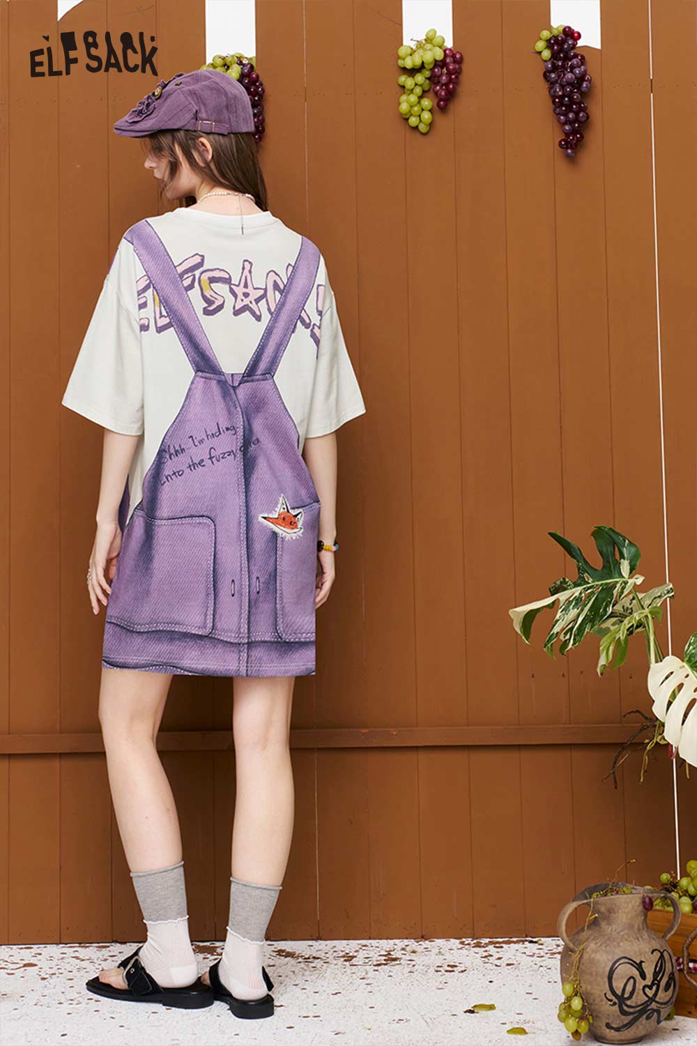 ELFSACK Fake Overalls Print T-Shirt Dress