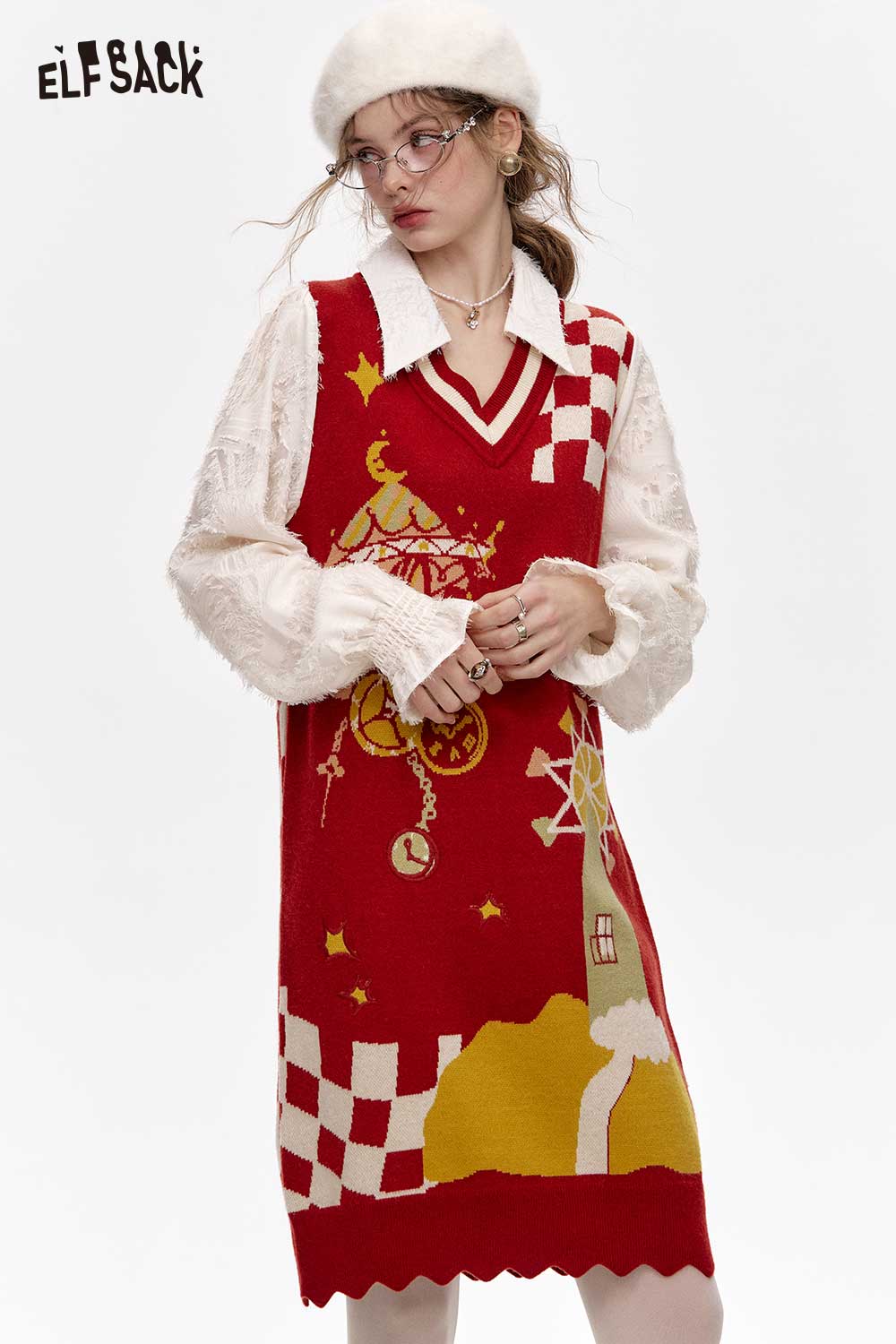 ELFSACK Fake Two Piece Red Knit Dress