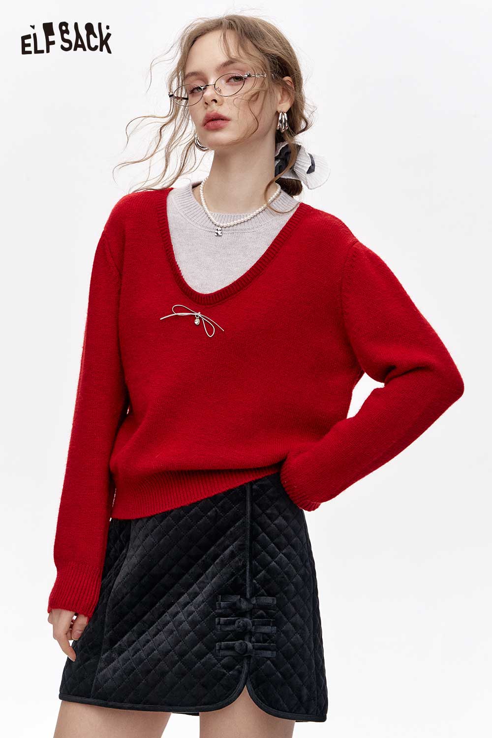 ELFSACK Fake Two Piece Red Knit Premium Base Layer
