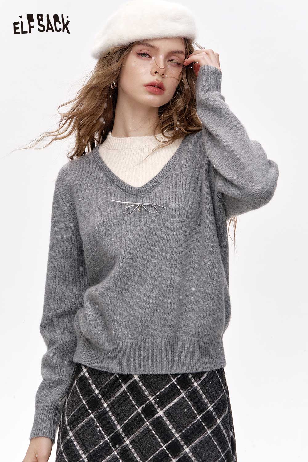 ELFSACK Fake Two Piece Red Knit Premium Base Layer