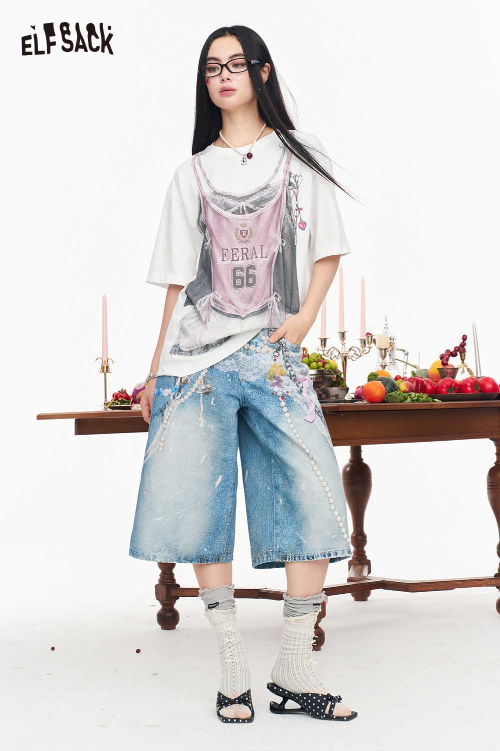 ELFSACK Fake Two-Piece Retro Print T-shirt