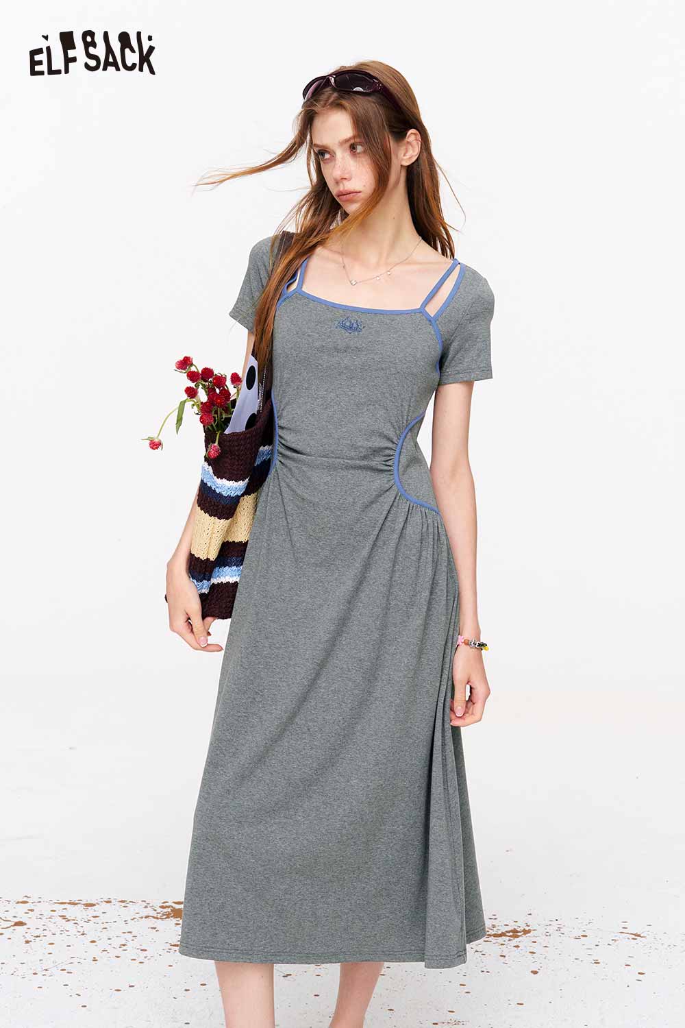 ELFSACK Fake Two-Piece Square Neck Knit Dress