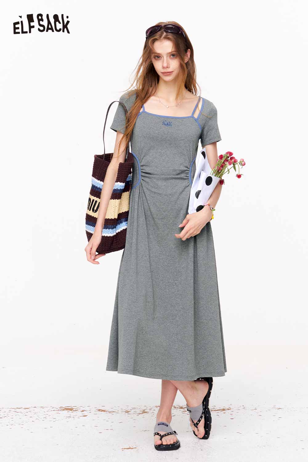 ELFSACK Fake Two-Piece Square Neck Knit Dress