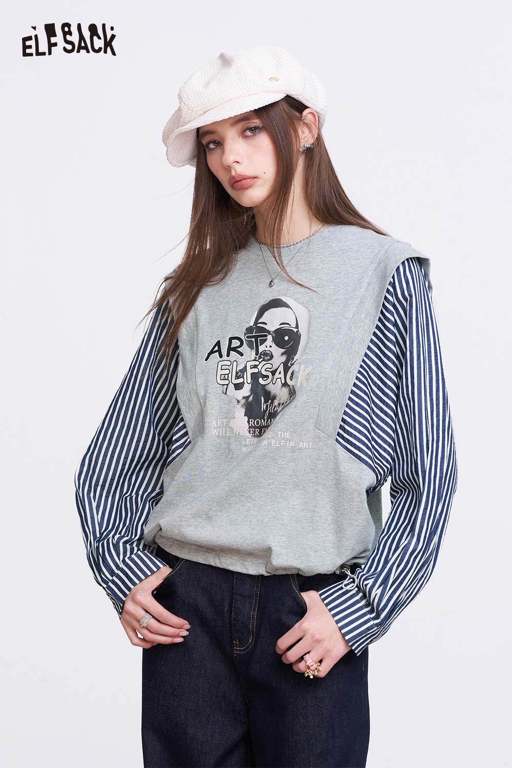 ELFSACK Fake Two Piece T Shirt with Graphic Art Print