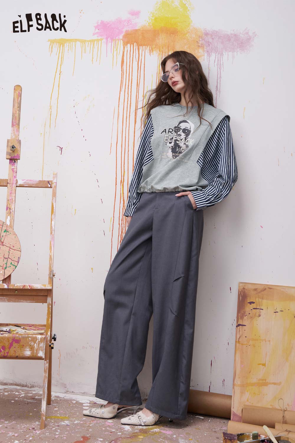 ELFSACK Fake Two Piece T Shirt with Graphic Art Print