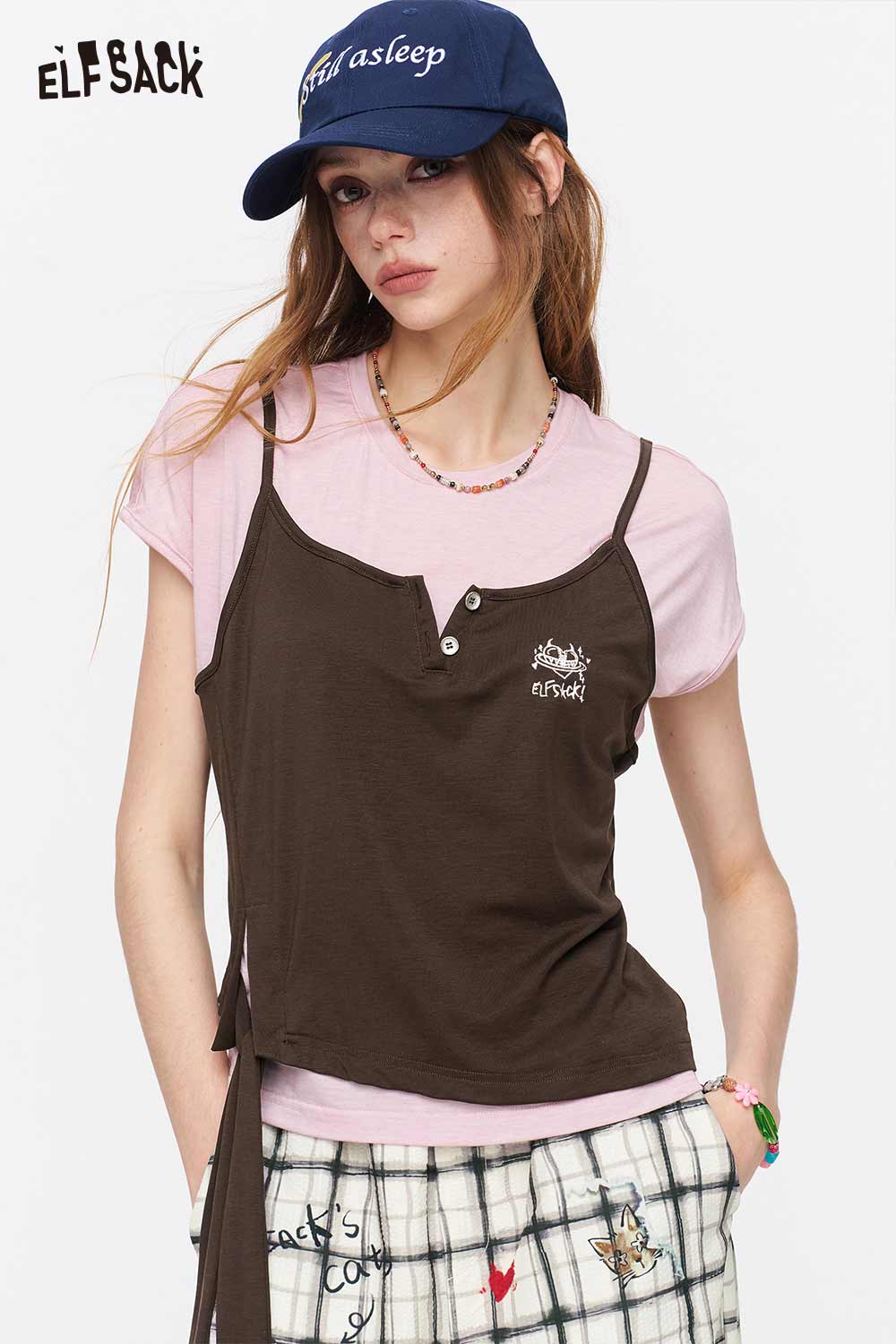 ELFSACK Fake Two-Piece Tie Side Embroidered Tee