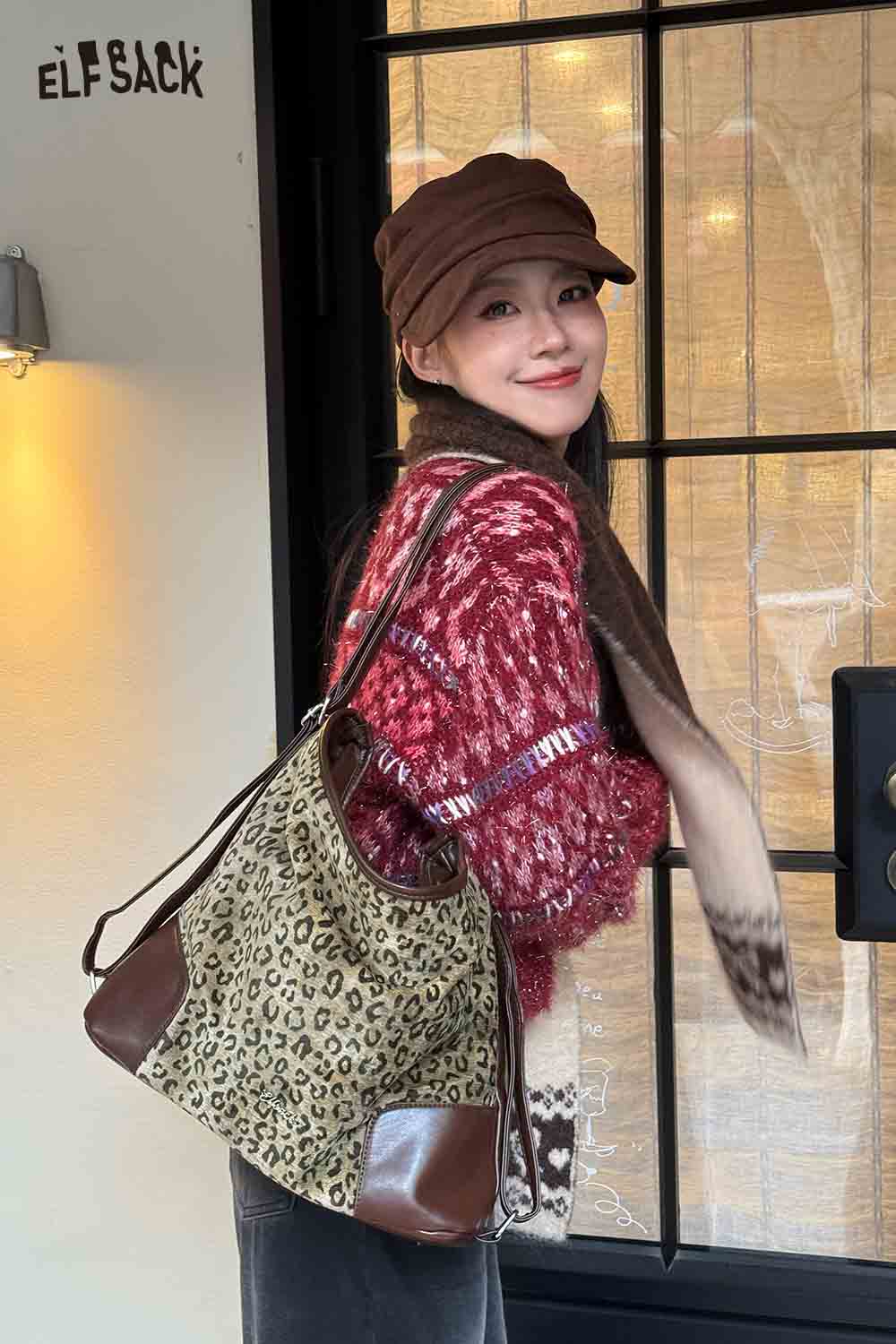 ELFSACK Fashionable Versatile Leopard Print Patchwork Backpack Crossbody Bag