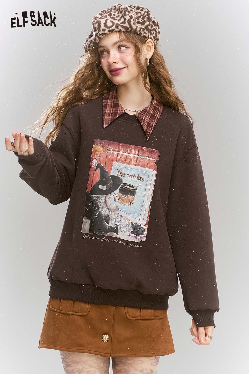 ELFSACK Fleece Graphic Plaid Collar Fake Two Piece Sweatshirt