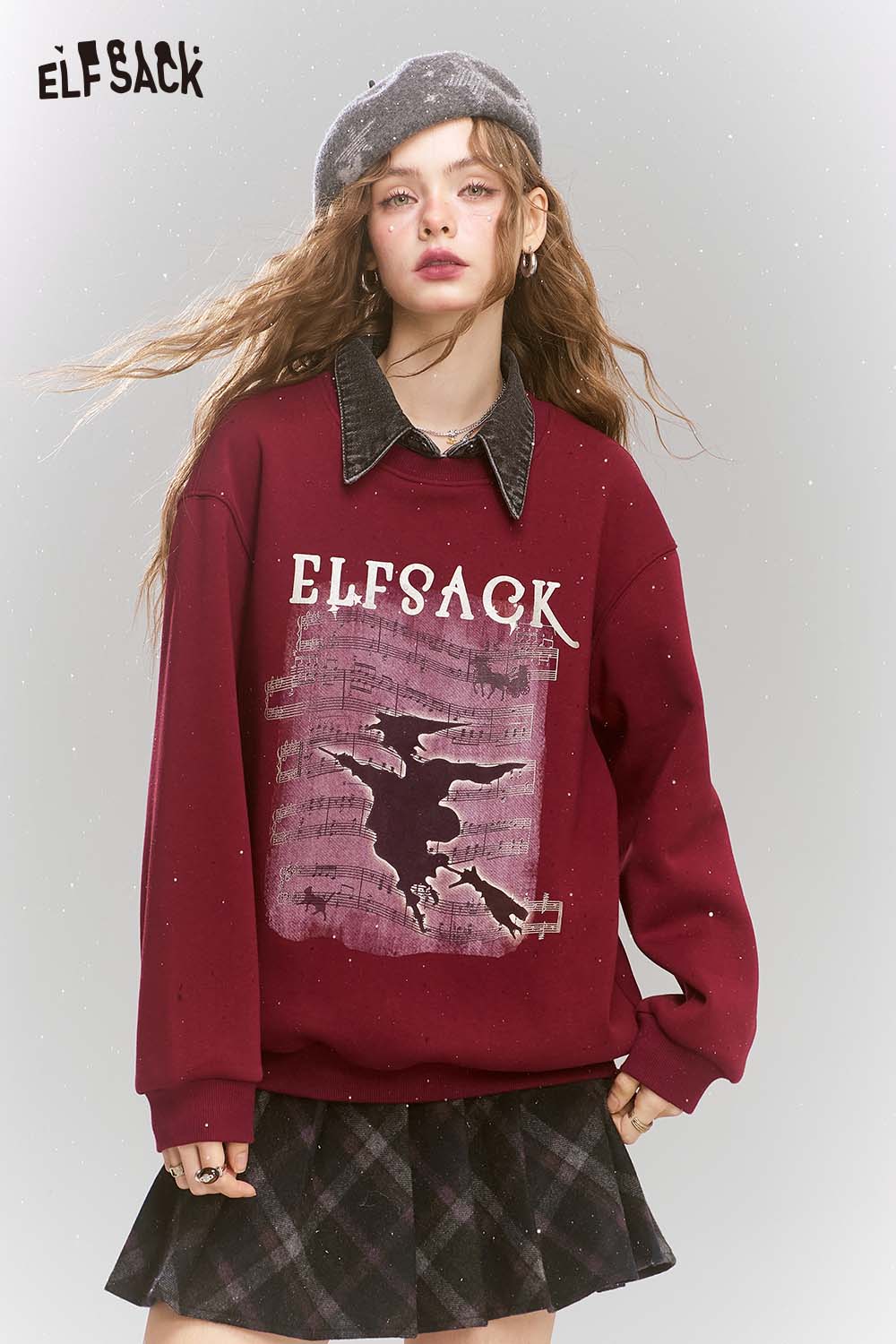 ELFSACK Fleece Graphic Plaid Collar Fake Two Piece Sweatshirt