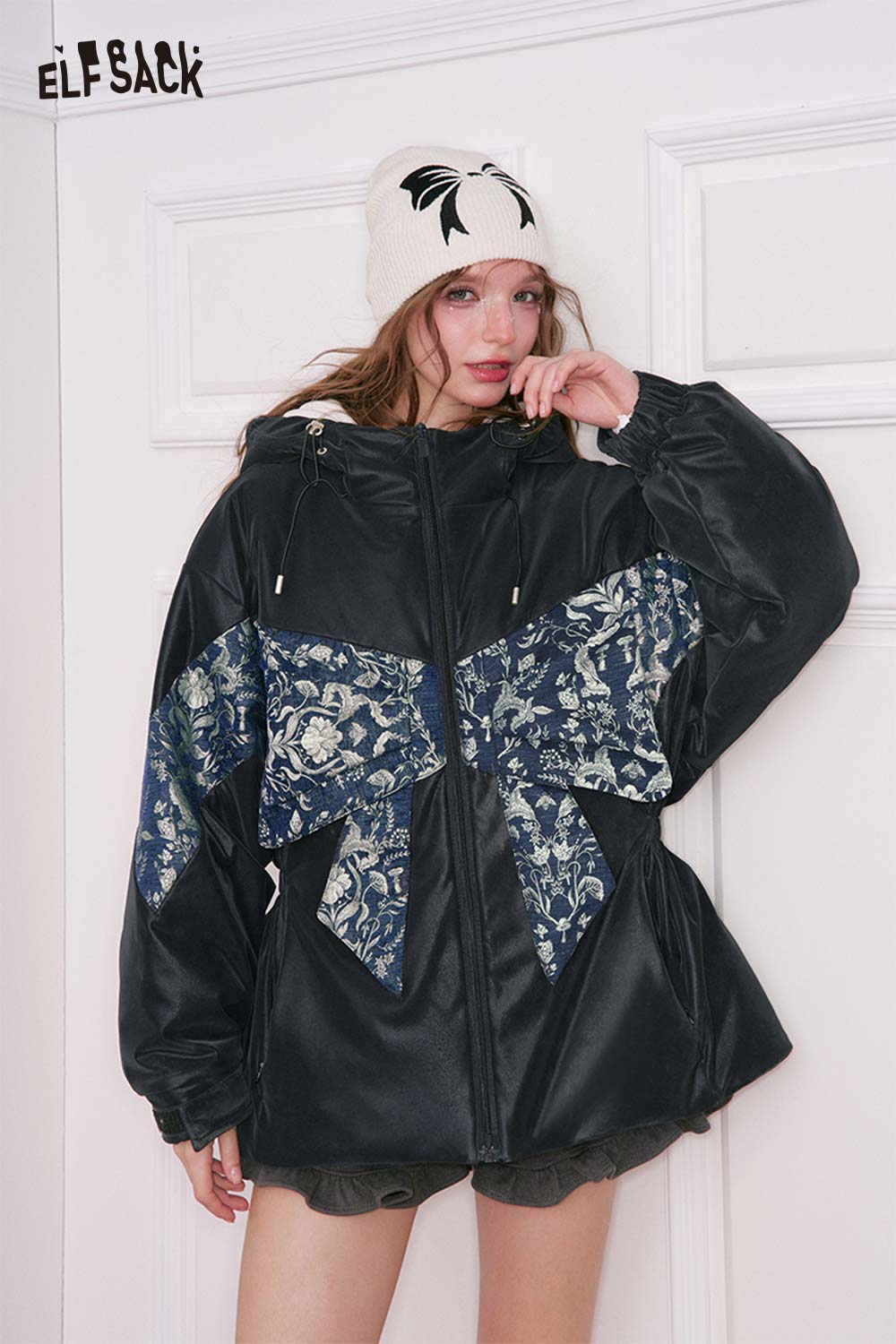ELFSACK New Oriental Floral Graphic 3D Bow Embellishment Solid Down Coat