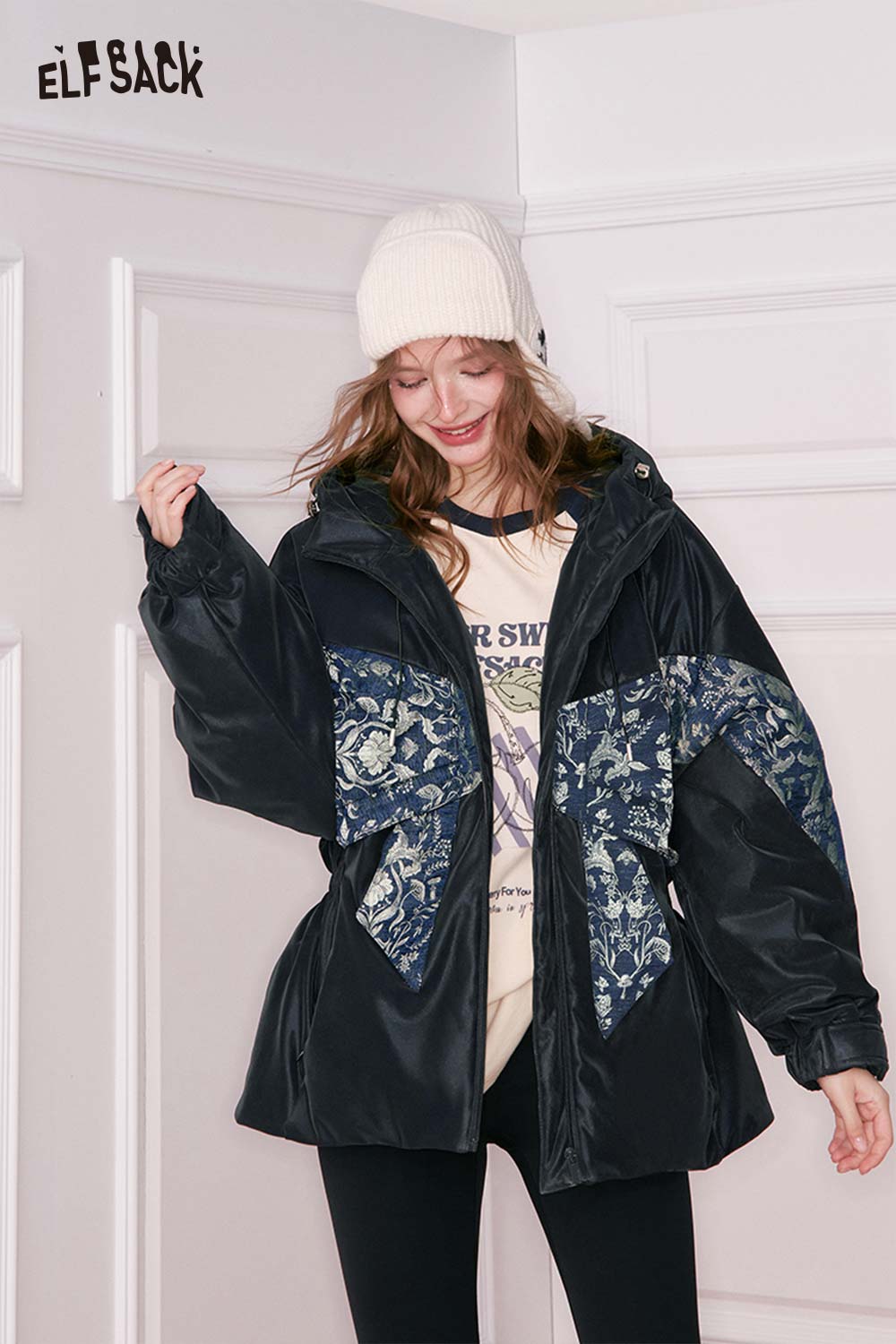 ELFSACK New Oriental Floral Graphic 3D Bow Embellishment Solid Down Coat